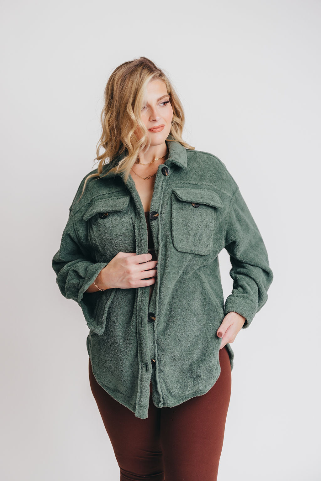 Premium Worth Collective Teddy Shacket in Evergreen