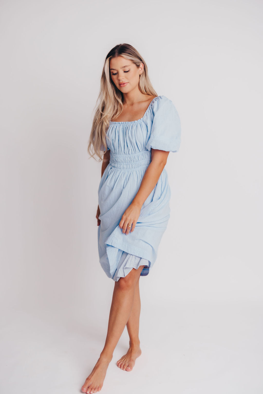 Amalfi Puff Sleeve Open Back Midi Dress in Sky Blue - Bump Friendly