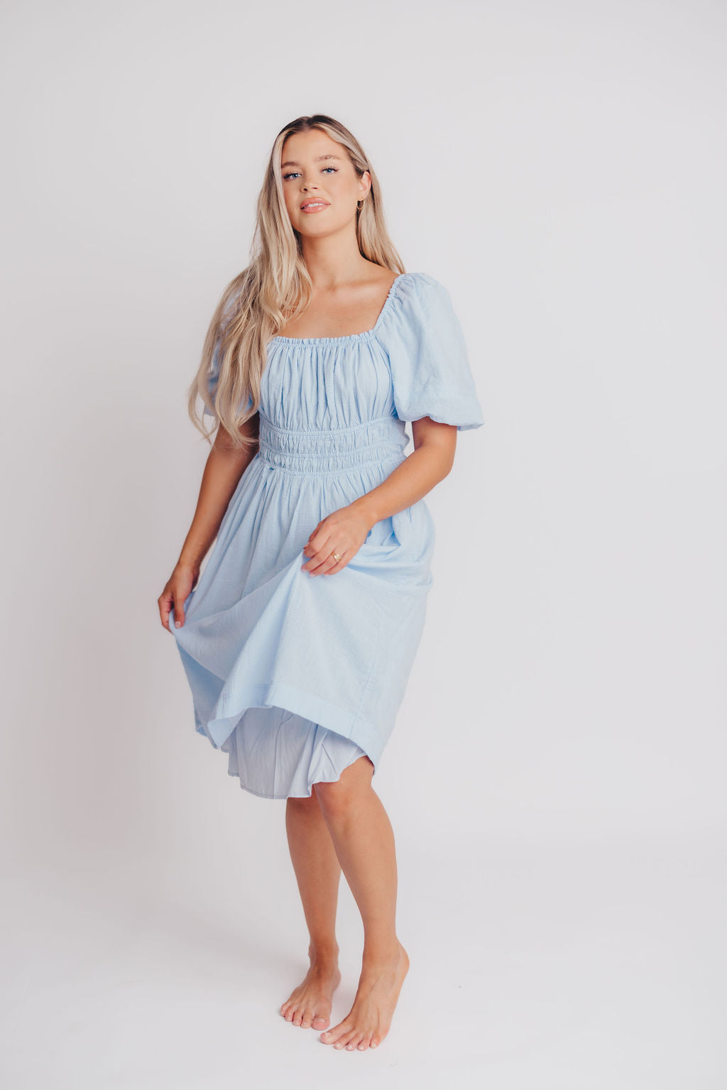 Amalfi Puff Sleeve Open Back Midi Dress in Sky Blue - Bump Friendly