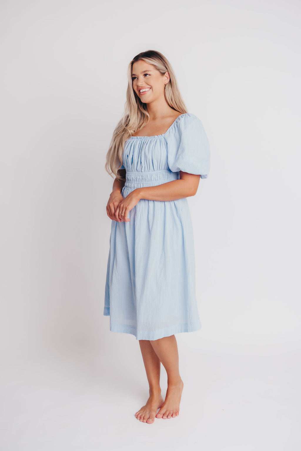 Amalfi Puff Sleeve Open Back Midi Dress in Sky Blue - Bump Friendly