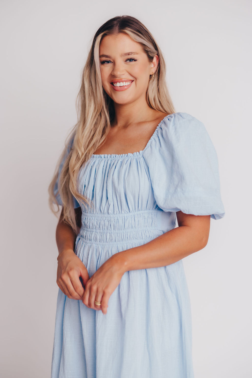 Amalfi Puff Sleeve Open Back Midi Dress in Sky Blue - Bump Friendly
