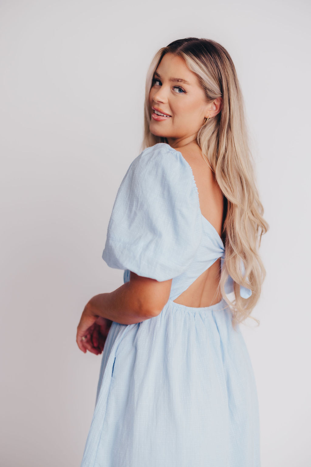 Amalfi Puff Sleeve Open Back Midi Dress in Sky Blue - Bump Friendly