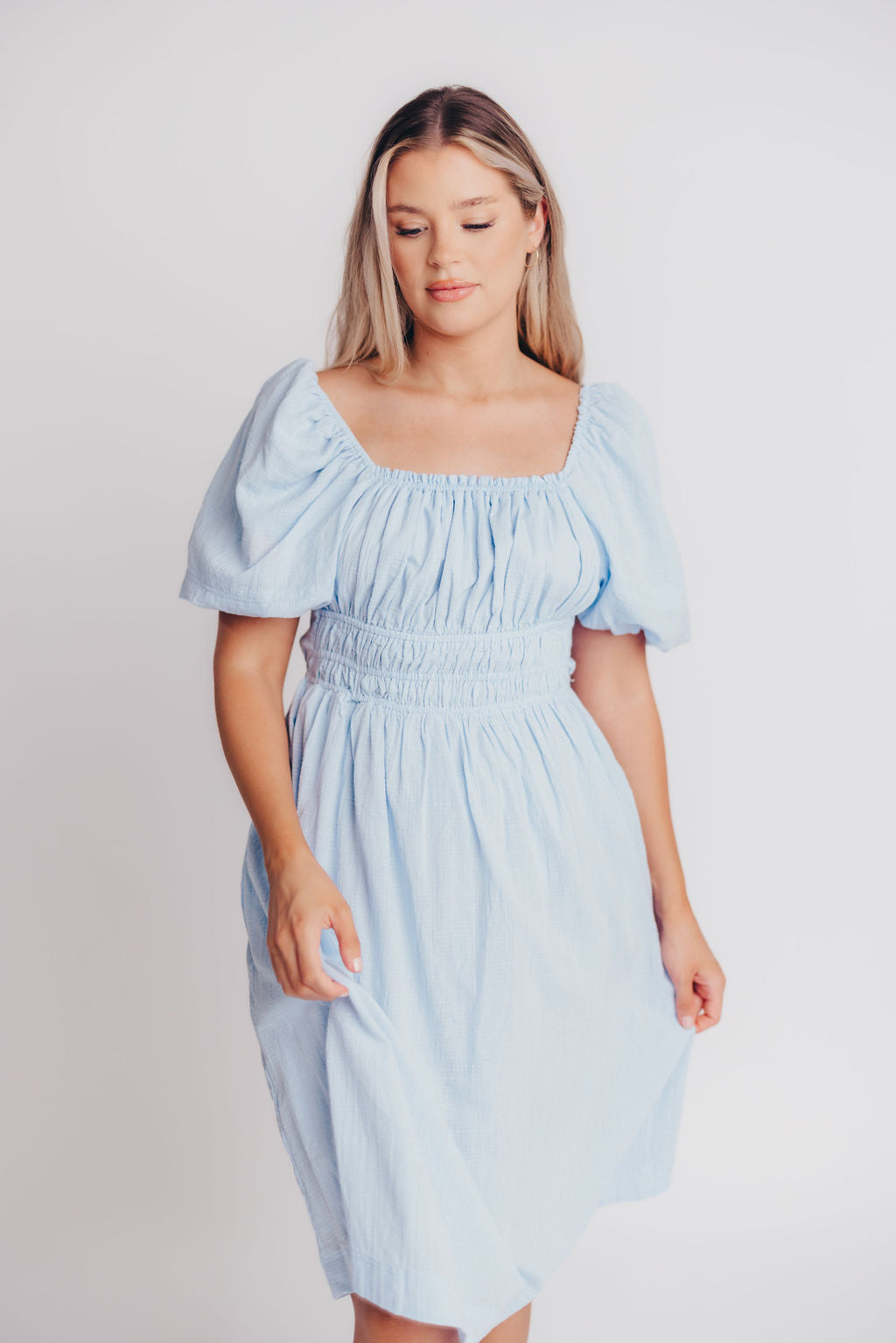 Amalfi Puff Sleeve Open Back Midi Dress in Sky Blue - Bump Friendly