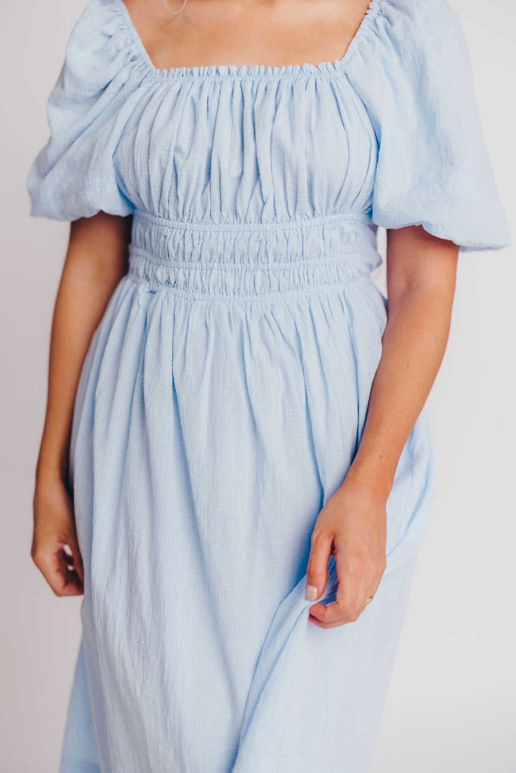 Amalfi Puff Sleeve Open Back Midi Dress in Sky Blue - Bump Friendly