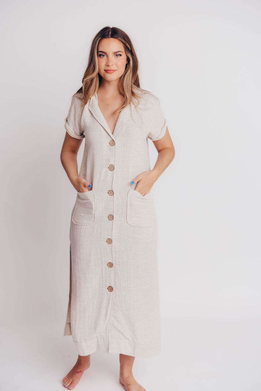 Andalucia Short Sleeve Button Maxi Dress in Linen Grey - Bump and Nursing Friendly