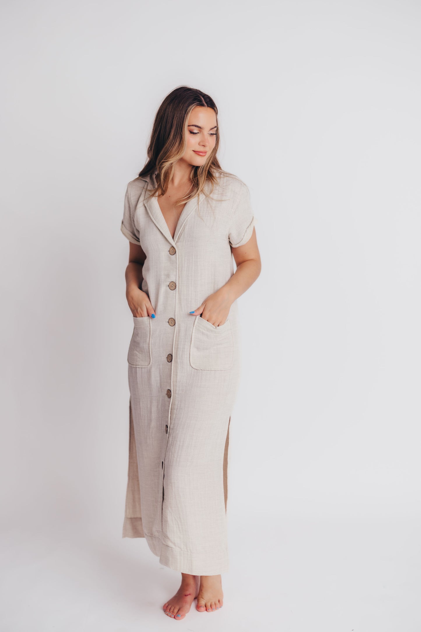 Andalucia Short Sleeve Button Maxi Dress in Linen Grey - Bump and Nursing Friendly