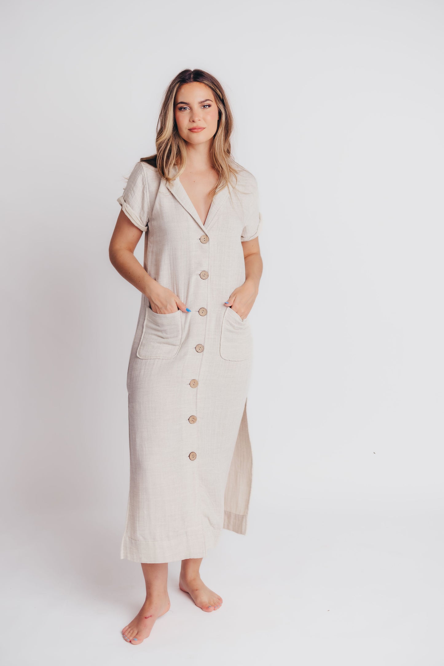 Andalucia Short Sleeve Button Maxi Dress in Linen Grey - Bump and Nursing Friendly