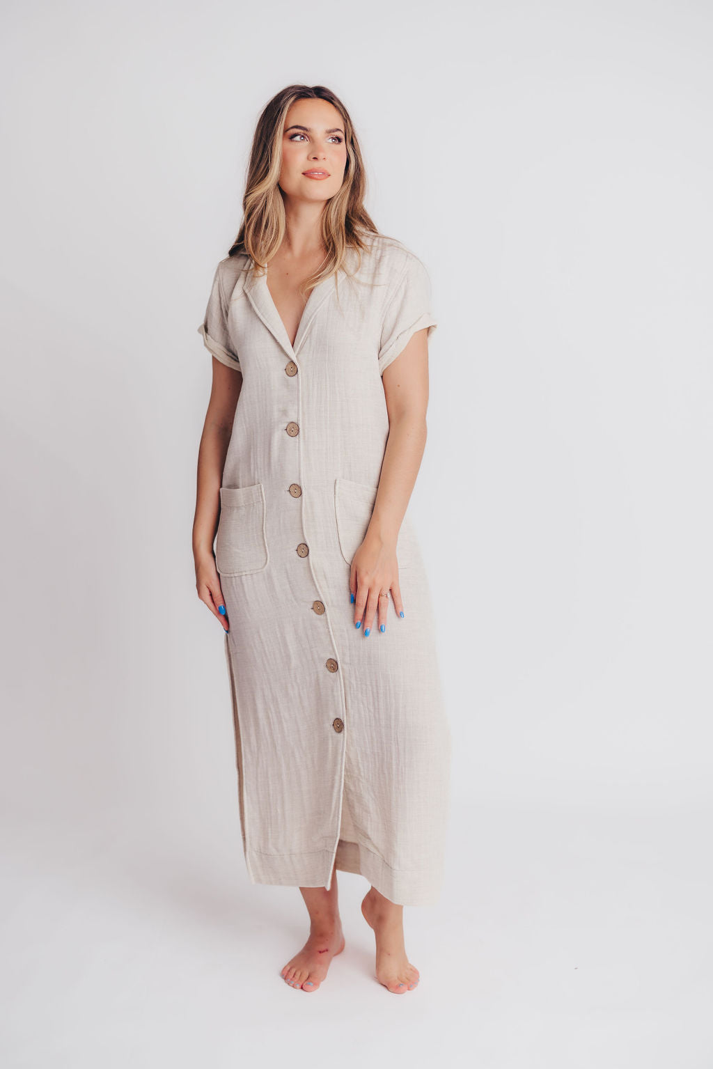 Andalucia Short Sleeve Button Maxi Dress in Linen Grey - Bump and Nursing Friendly