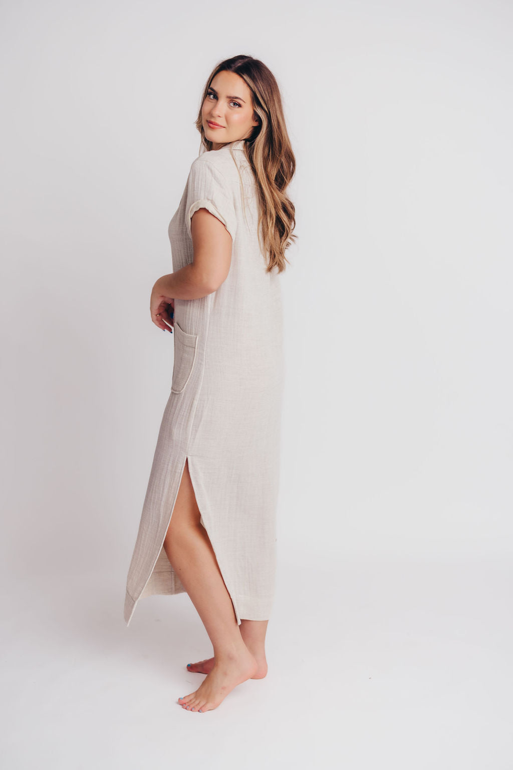Andalucia Short Sleeve Button Maxi Dress in Linen Grey - Bump and Nursing Friendly
