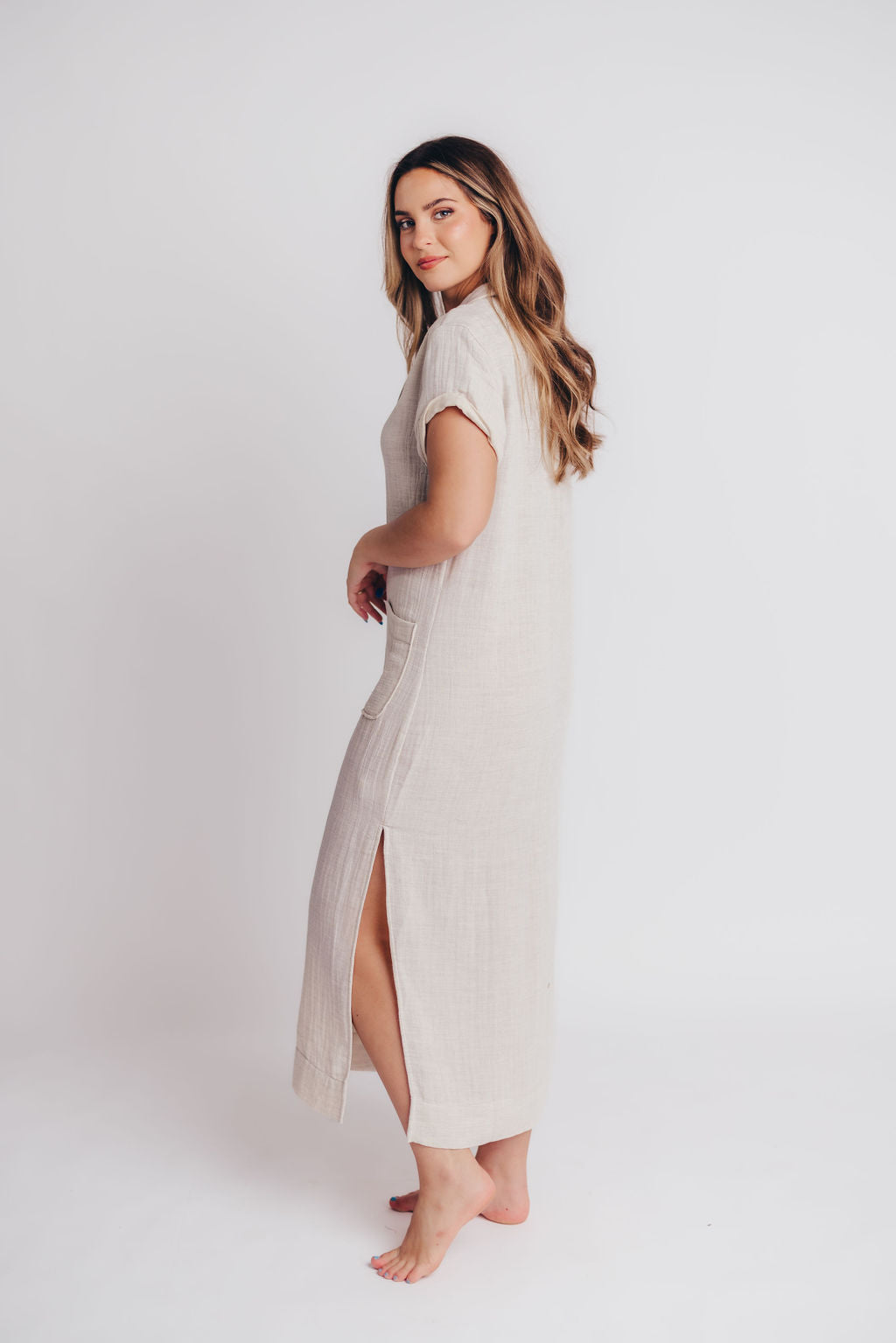 Andalucia Short Sleeve Button Maxi Dress in Linen Grey - Bump and Nursing Friendly
