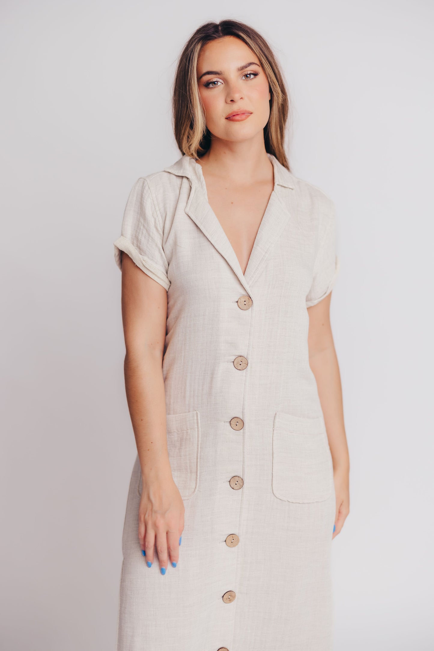 Andalucia Short Sleeve Button Maxi Dress in Linen Grey - Bump and Nursing Friendly