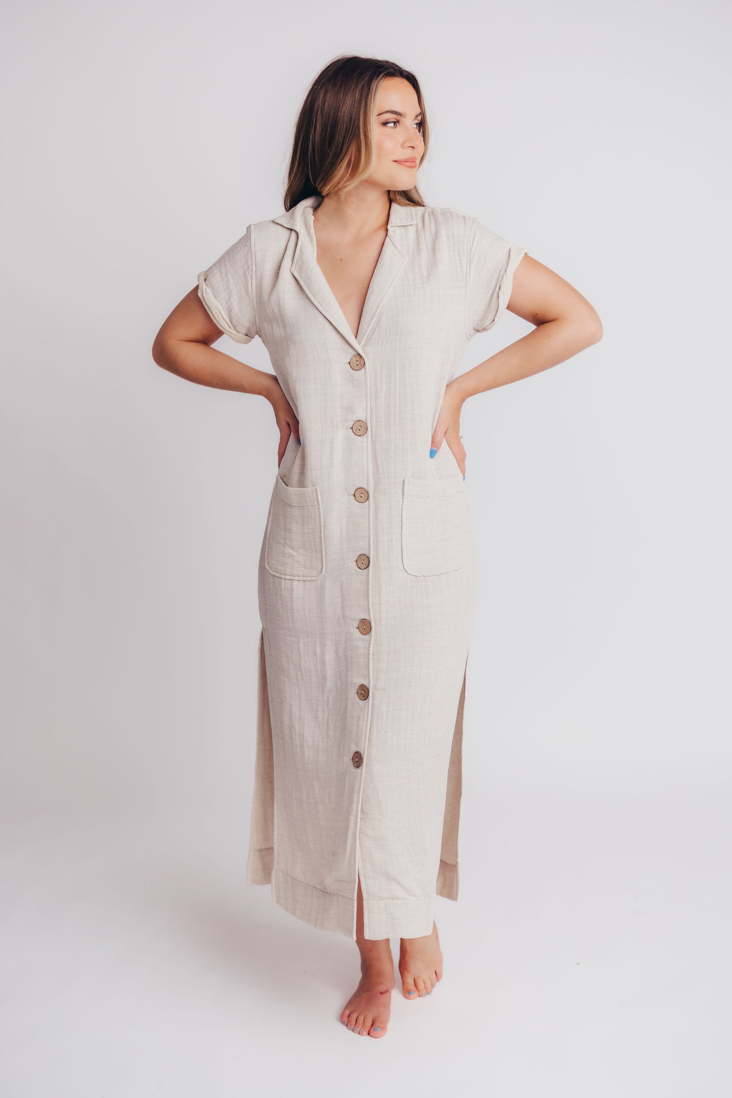 Andalucia Short Sleeve Button Maxi Dress in Linen Grey - Bump and Nursing Friendly