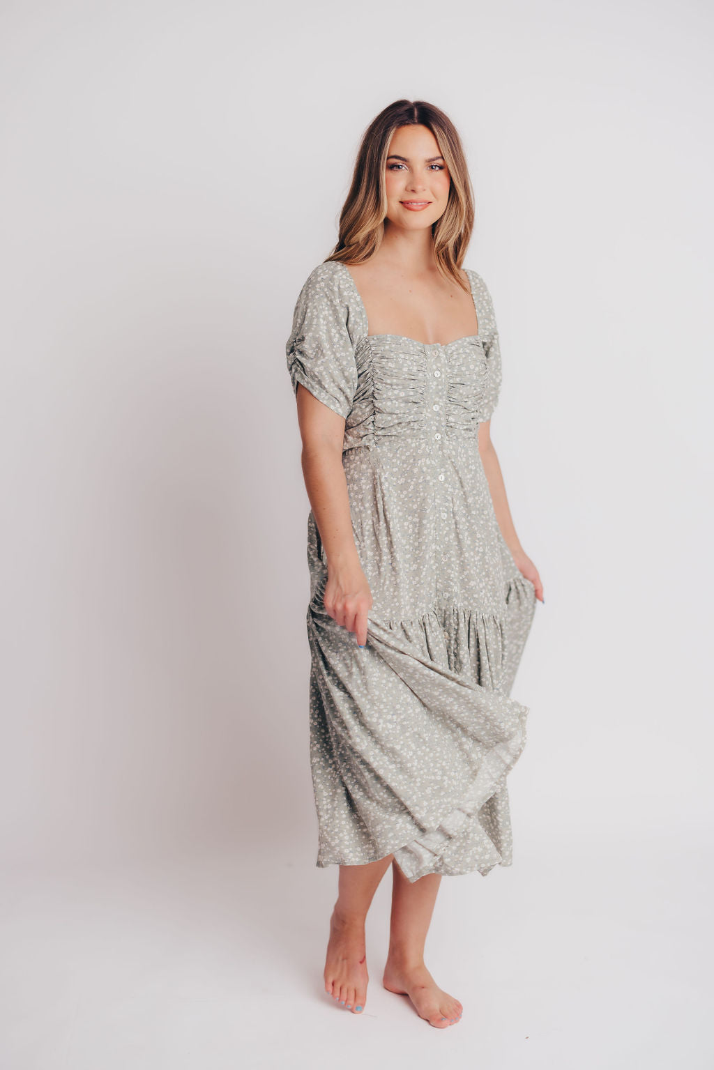Lilit Floral Puff Sleeve Midi Dress in Jade Blossom - Bump Friendly - Handmade in Bali - Extended Sizes