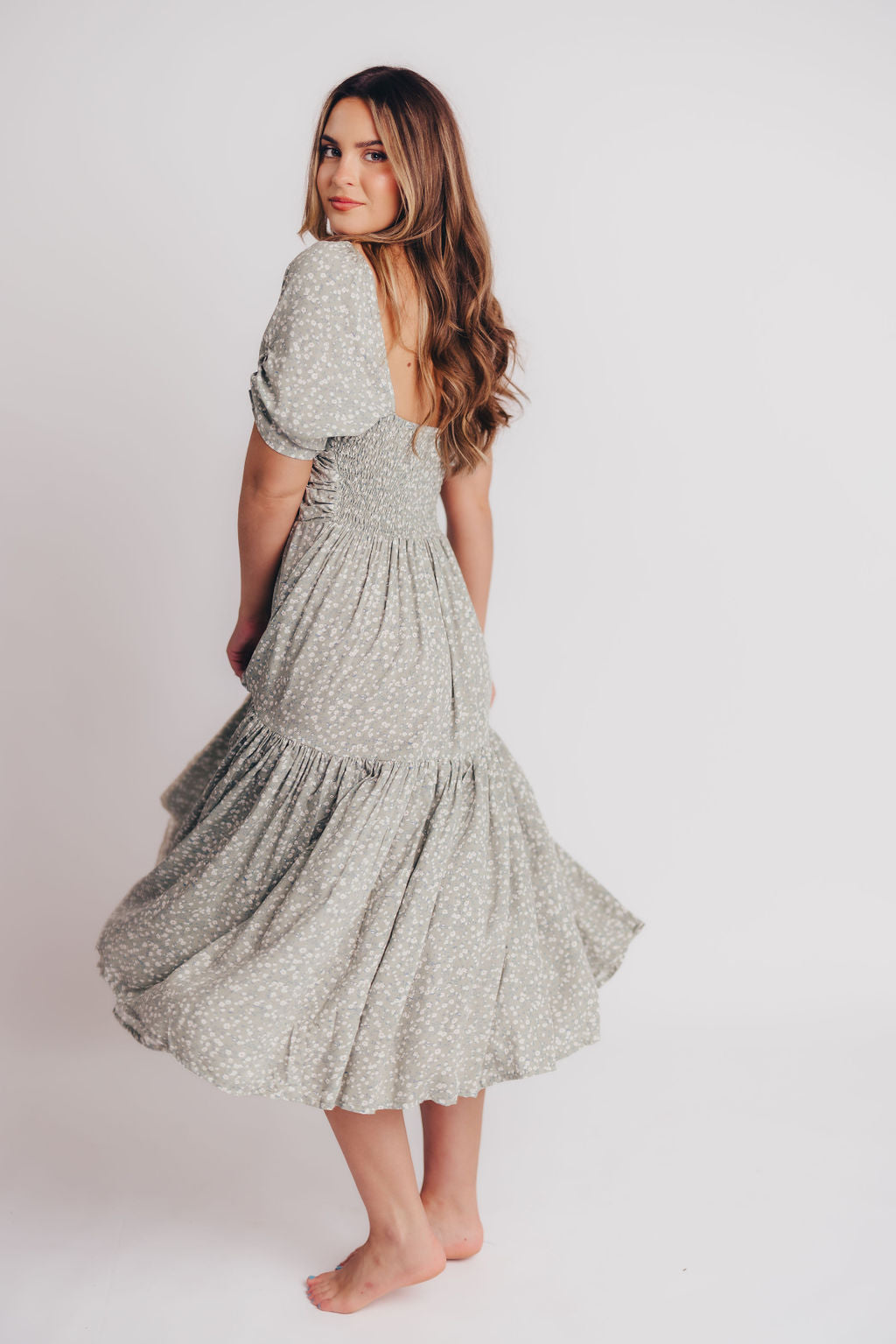Lilit Floral Puff Sleeve Midi Dress in Jade Blossom - Bump Friendly - Handmade in Bali - Extended Sizes