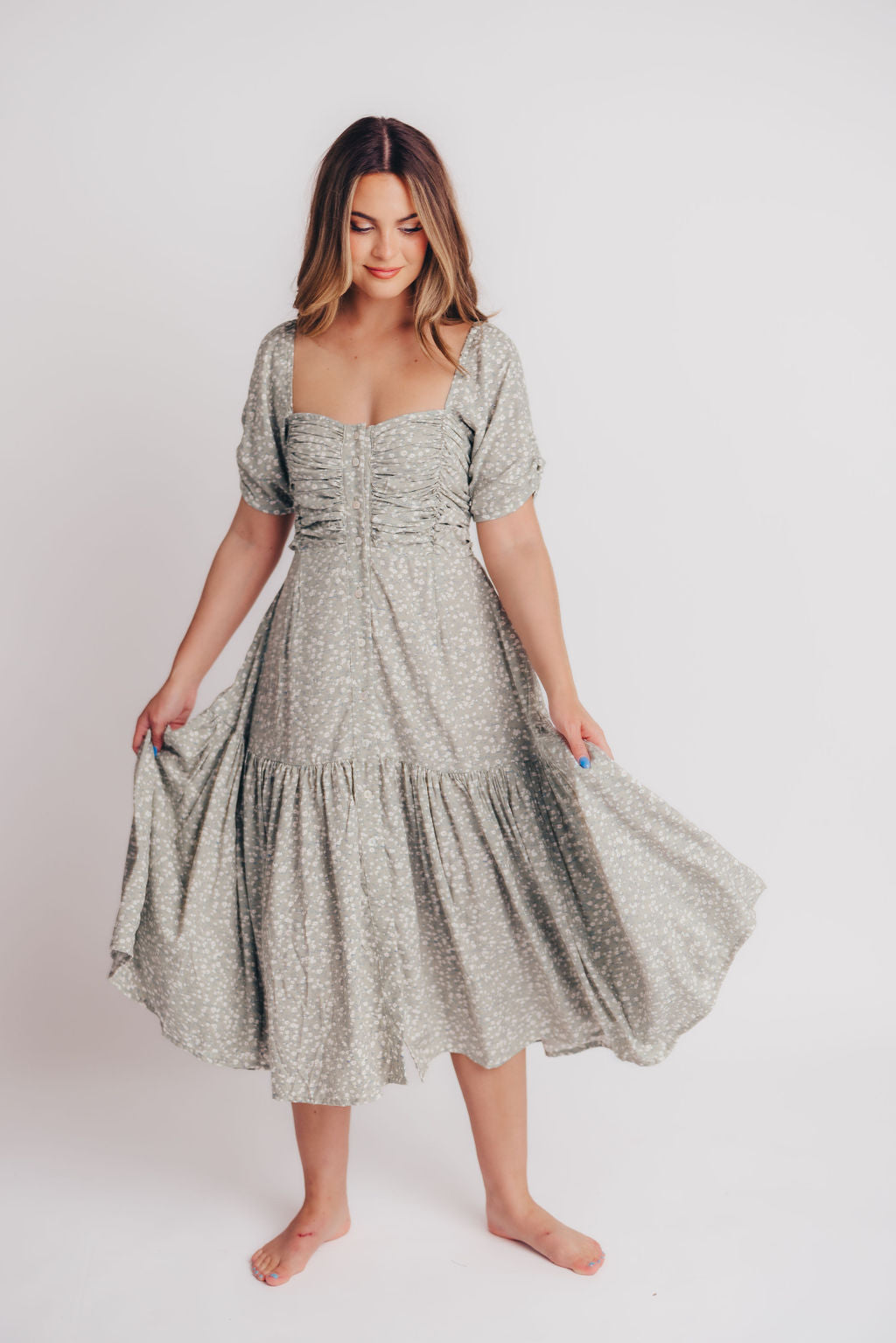 Lilit Floral Puff Sleeve Midi Dress in Jade Blossom - Bump Friendly - Handmade in Bali - Extended Sizes