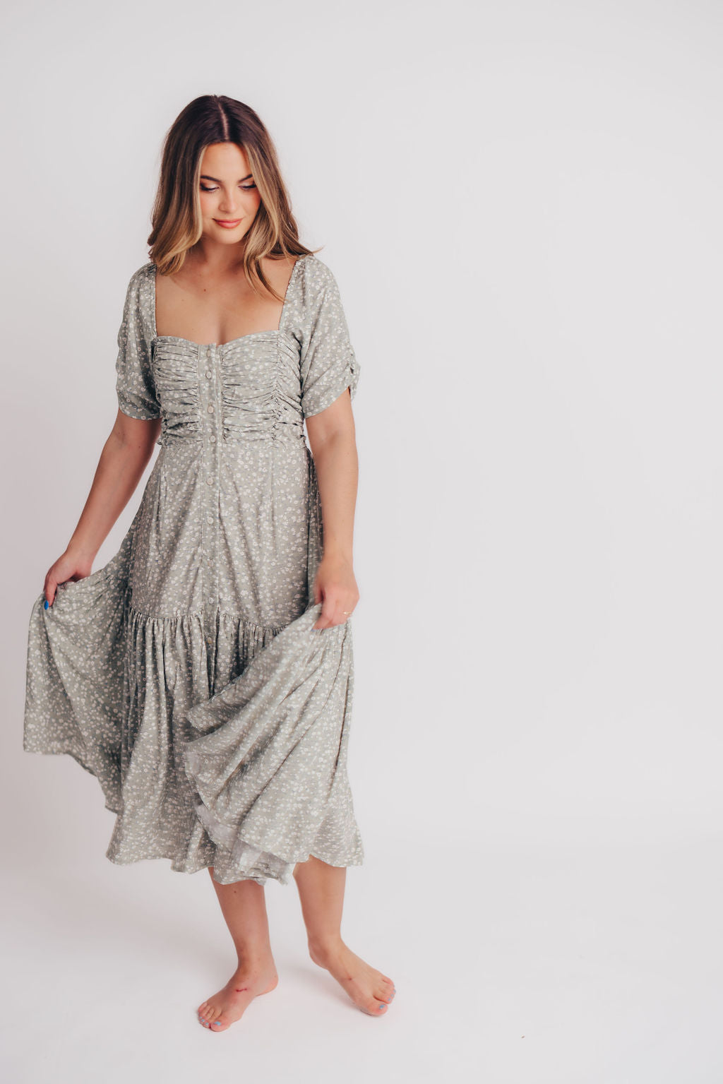 Lilit Floral Puff Sleeve Midi Dress in Jade Blossom - Bump Friendly - Handmade in Bali - Extended Sizes