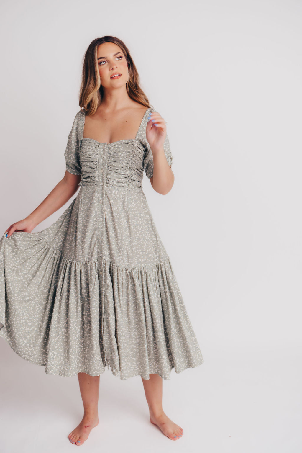 Lilit Floral Puff Sleeve Midi Dress in Jade Blossom - Bump Friendly - Handmade in Bali - Extended Sizes