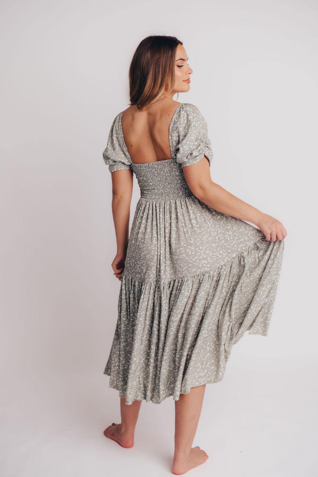 Lilit Floral Puff Sleeve Midi Dress in Jade Blossom - Bump Friendly - Handmade in Bali - Extended Sizes