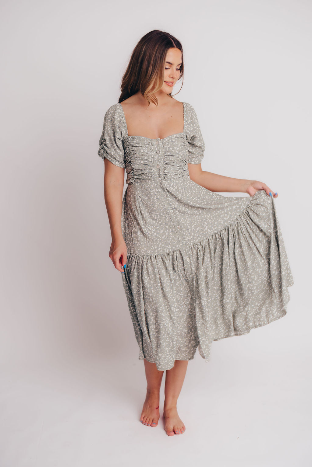 Lilit Floral Puff Sleeve Midi Dress in Jade Blossom - Bump Friendly - Handmade in Bali - Extended Sizes