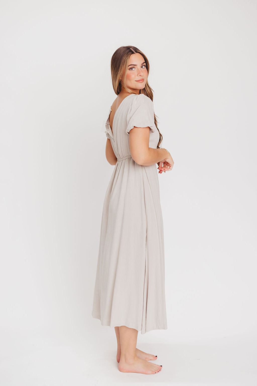 Ainsley Square Neck Midi Dress with Puffed Sleeves in Oat - Bump Friendly