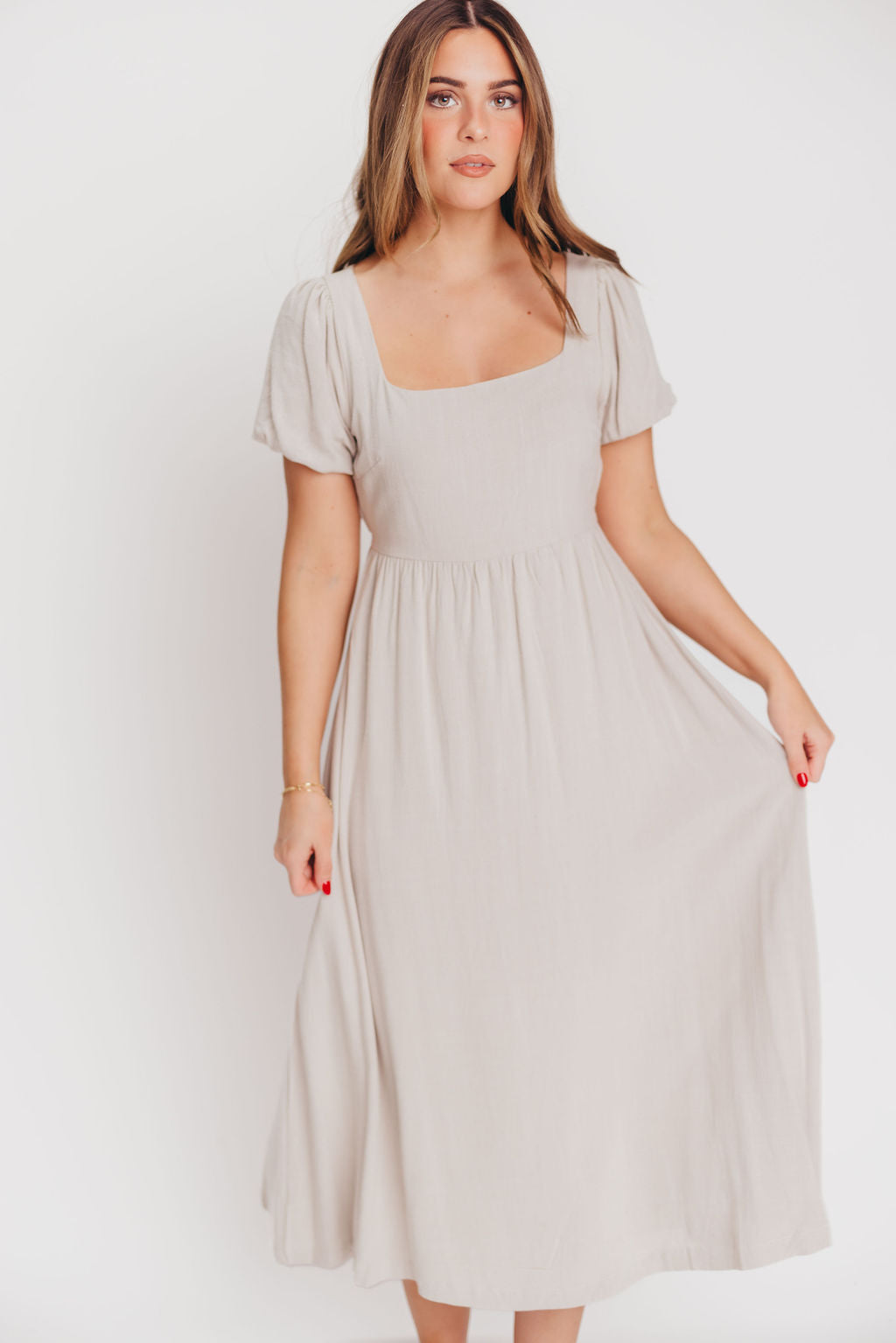 Ainsley Square Neck Midi Dress with Puffed Sleeves in Oat - Bump Friendly