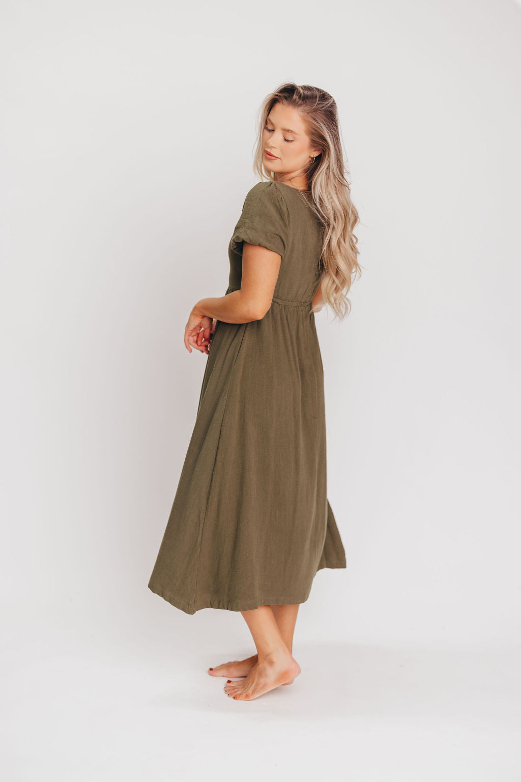 Ainsley Square Neck Midi Dress with Puffed Sleeves in Hunter Green - Bump Friendly (See Color Info)