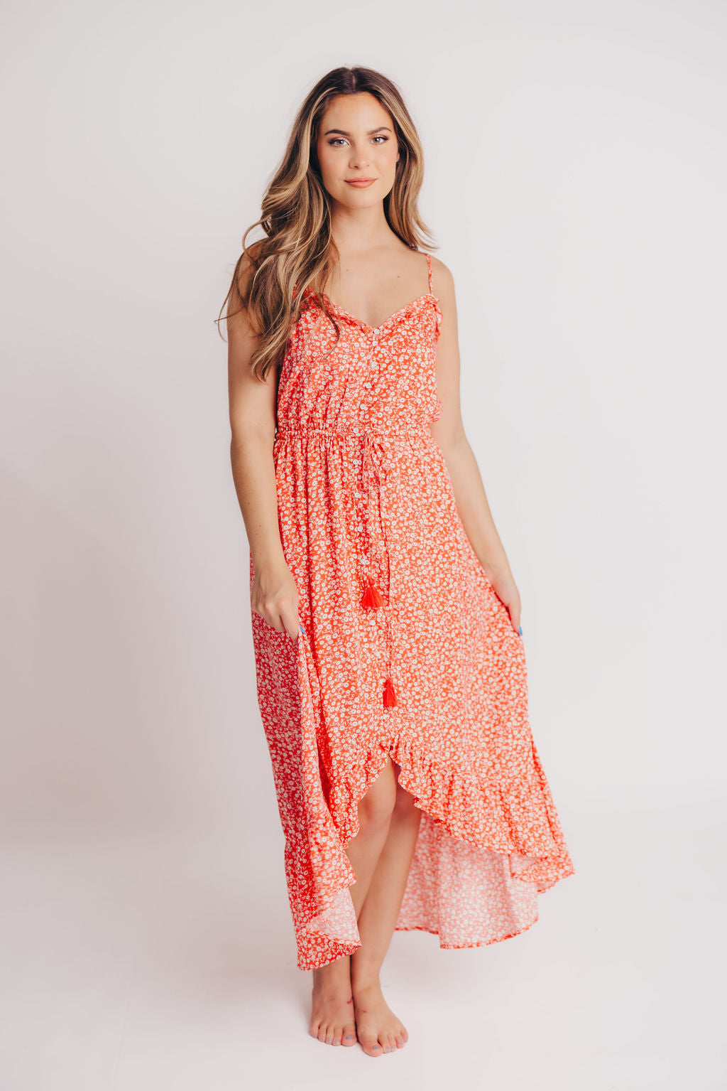 Palermo High-Low Cami Dress in Coral Red Floral - Bump Friendly