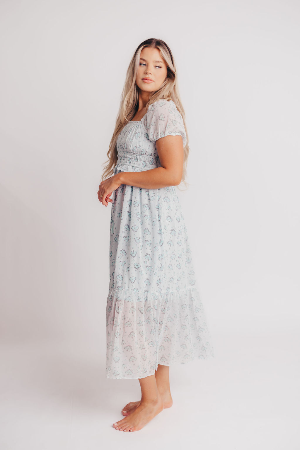 Florence Peasant Midi Dress in French Bleu Floral - Bump Friendly