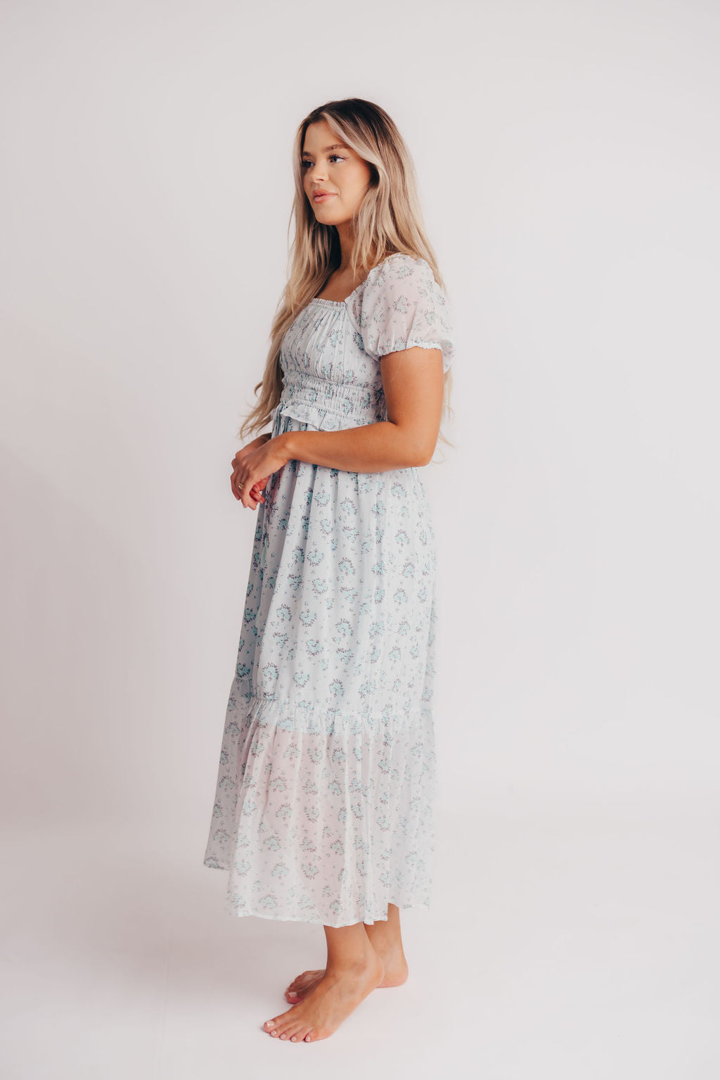 Florence Peasant Midi Dress in French Bleu Floral - Bump Friendly