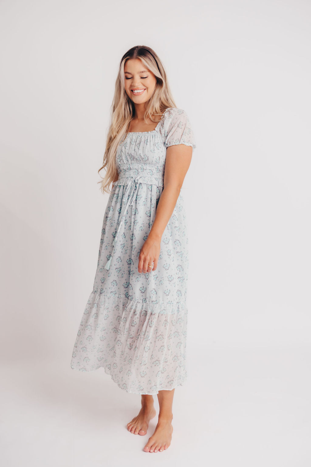 Florence Peasant Midi Dress in French Bleu Floral - Bump Friendly