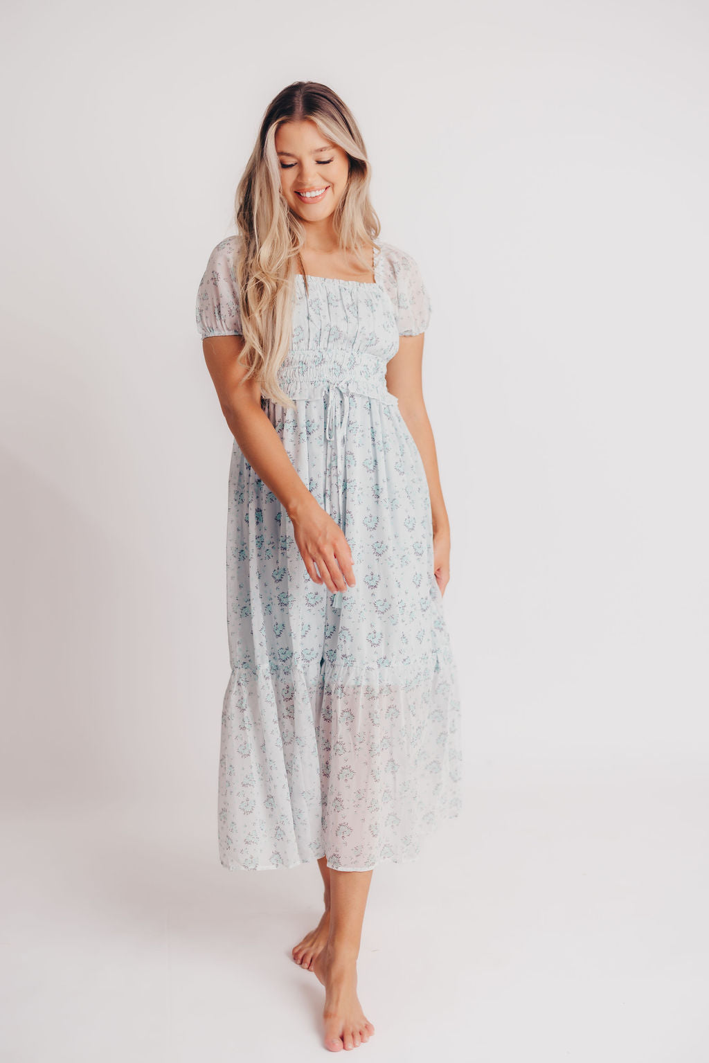 Florence Peasant Midi Dress in French Bleu Floral - Bump Friendly