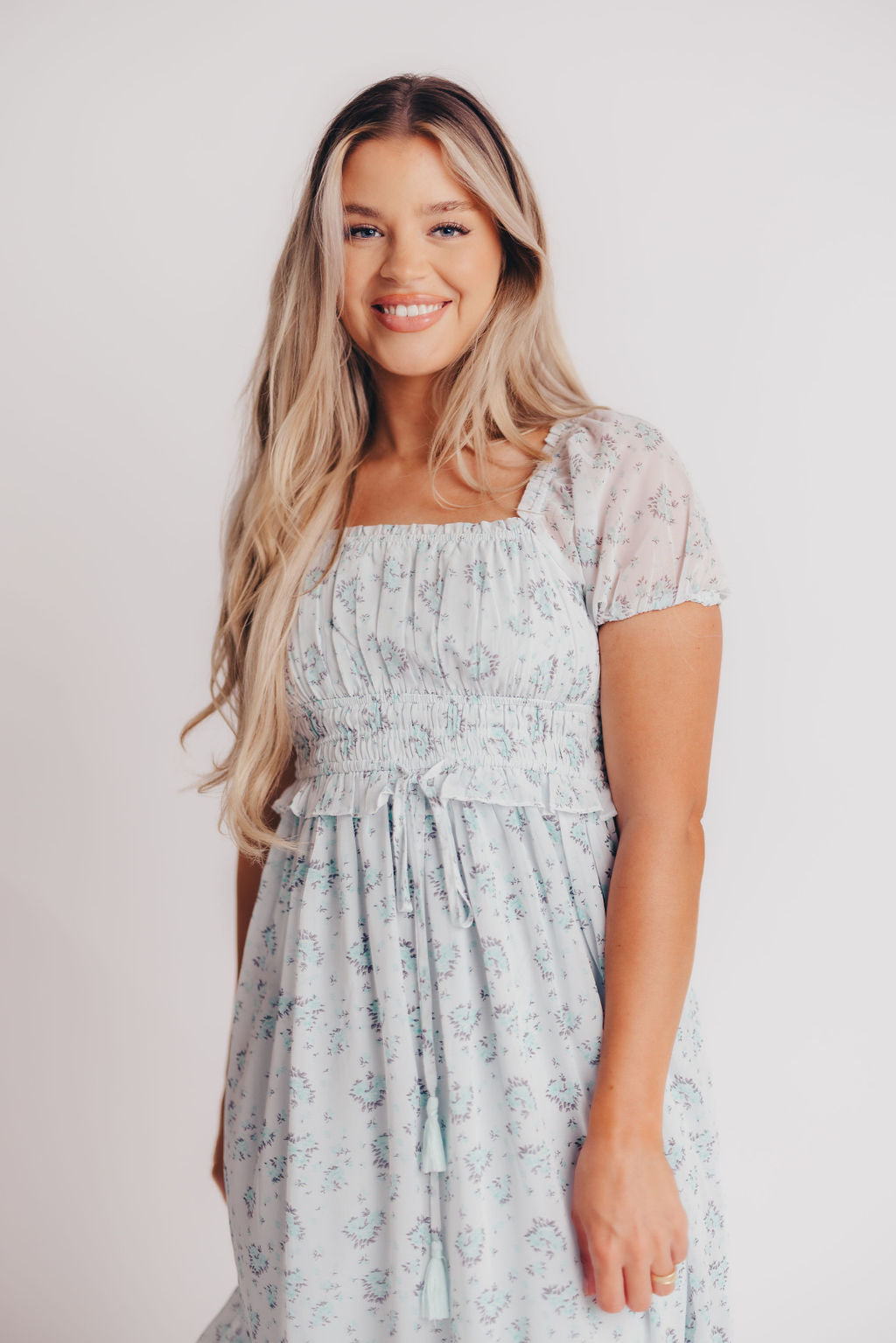 Florence Peasant Midi Dress in French Bleu Floral - Bump Friendly