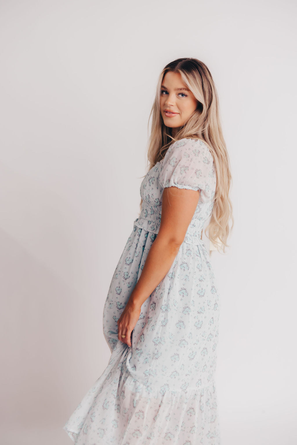 Florence Peasant Midi Dress in French Bleu Floral - Bump Friendly