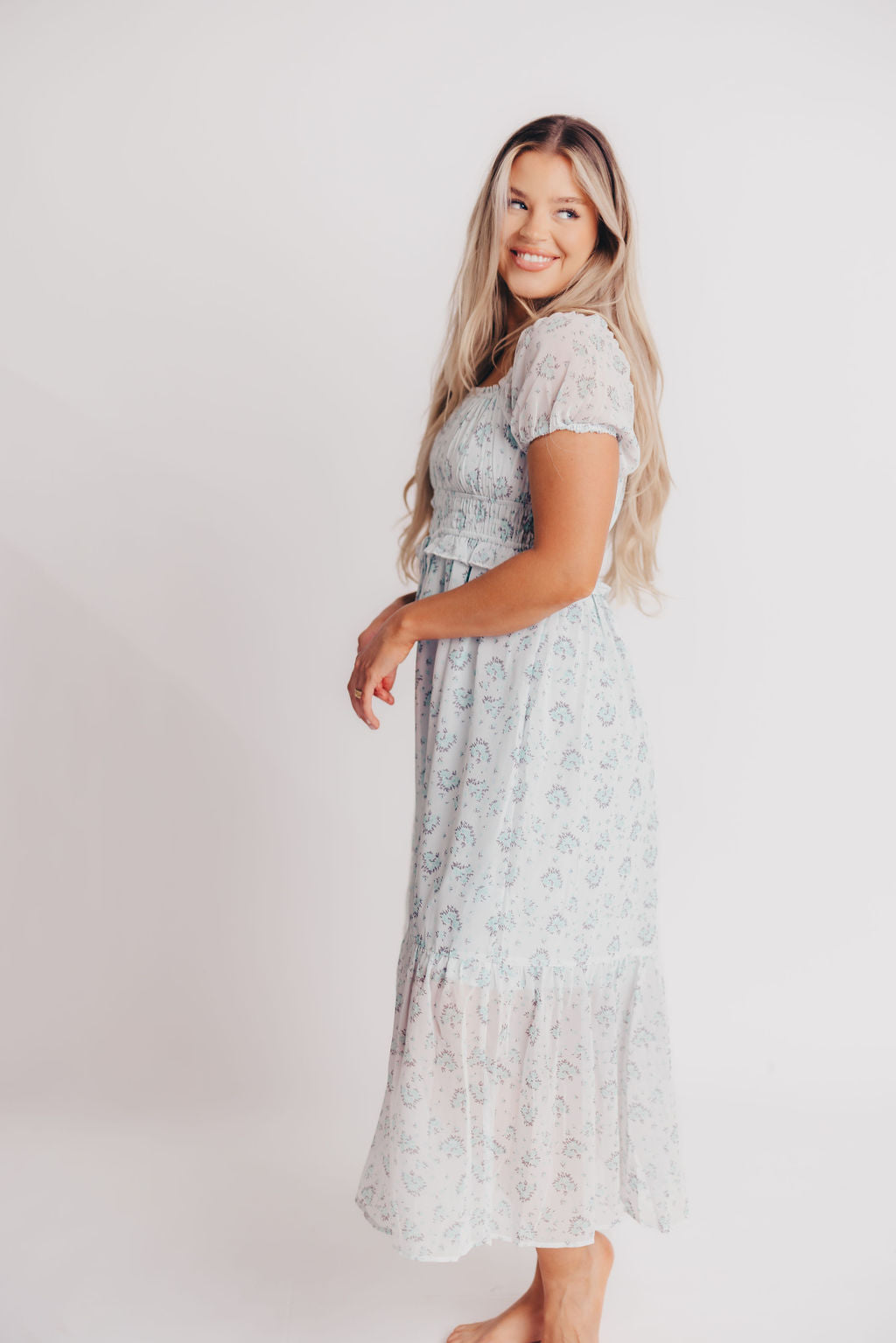 Florence Peasant Midi Dress in French Bleu Floral - Bump Friendly