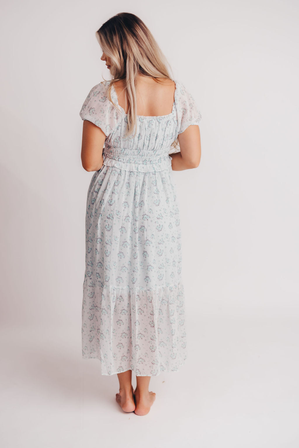 Florence Peasant Midi Dress in French Bleu Floral - Bump Friendly