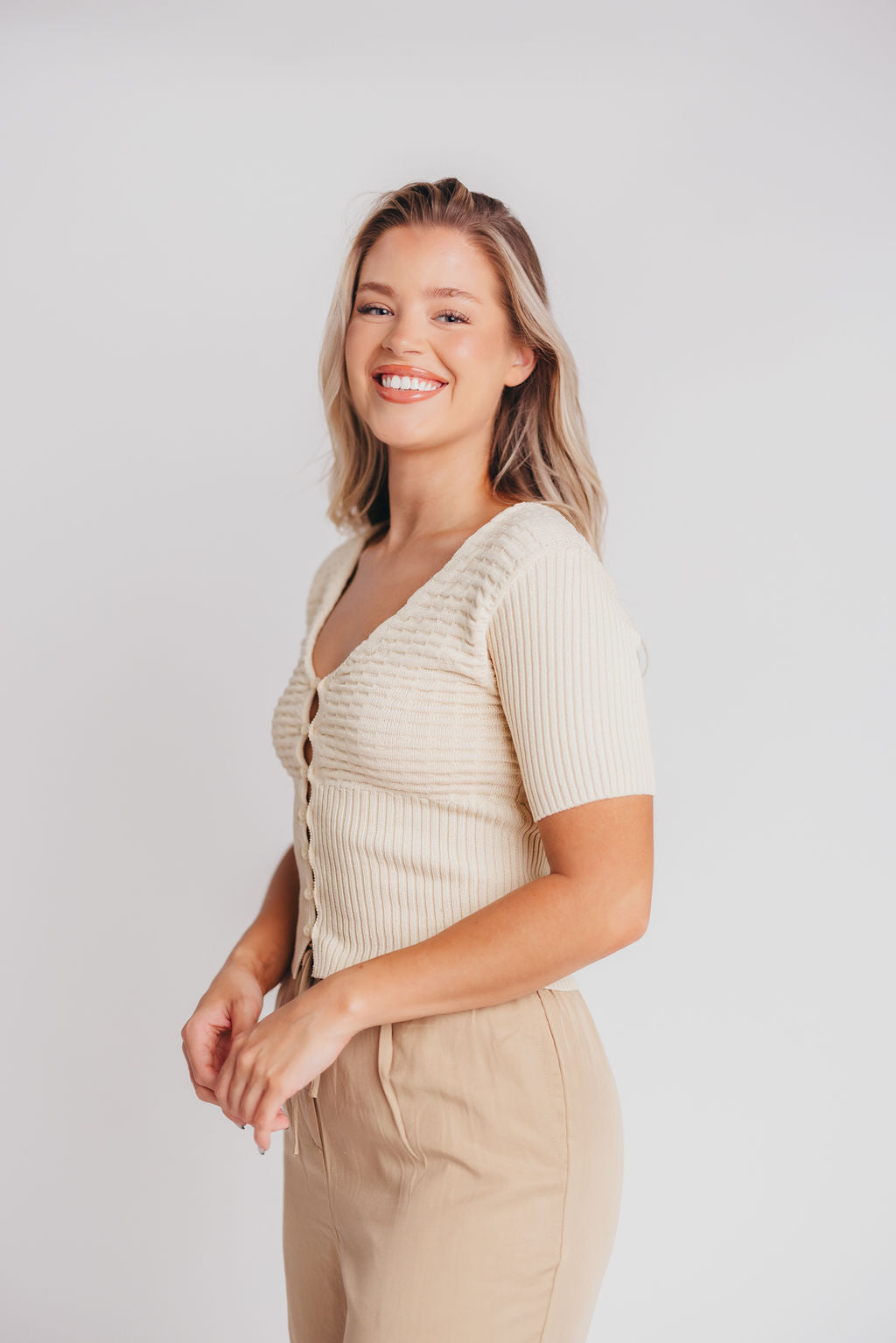 Wyatt V-Neck Knit Top with Cutout Detail in Cream