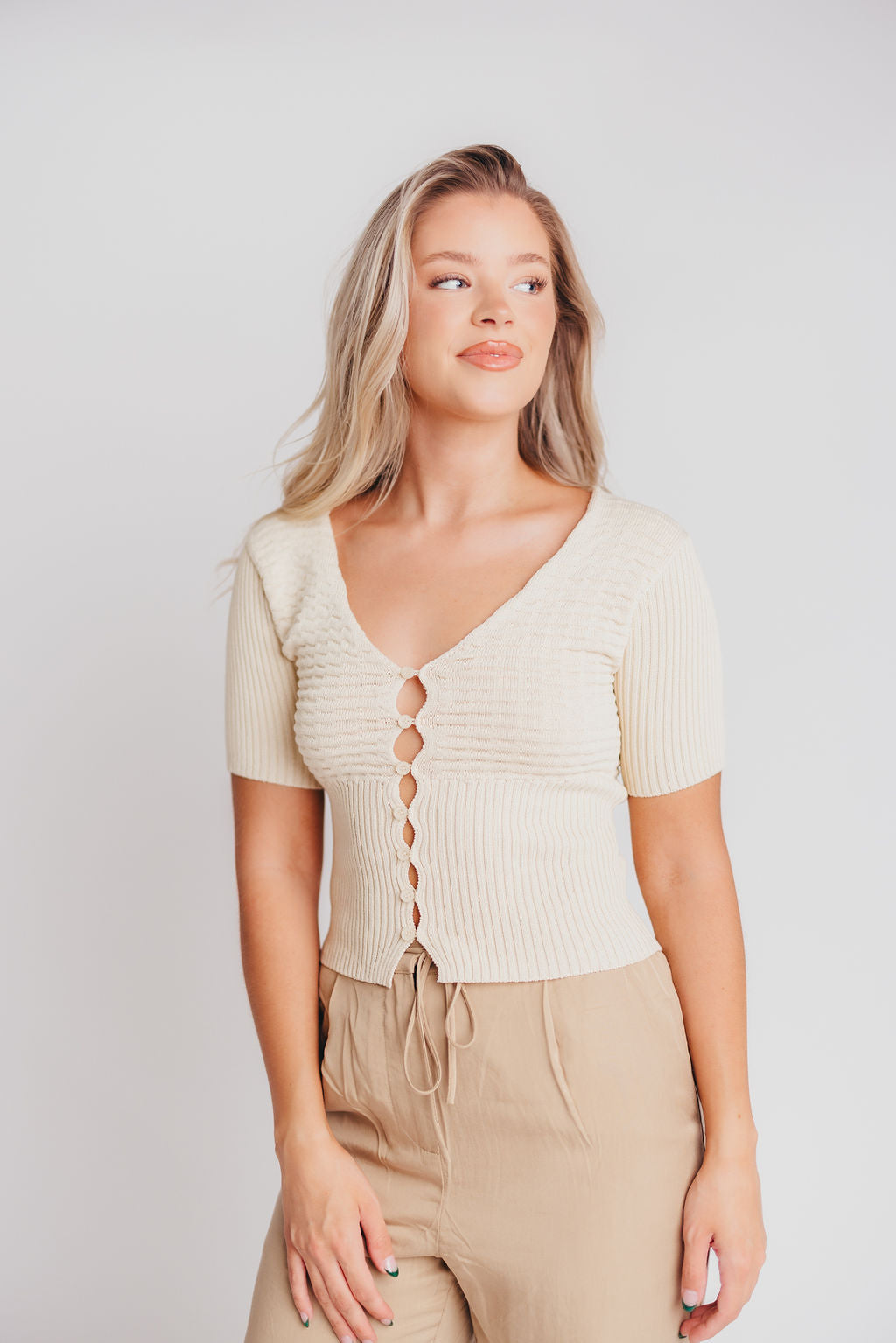 Wyatt V-Neck Knit Top with Cutout Detail in Cream