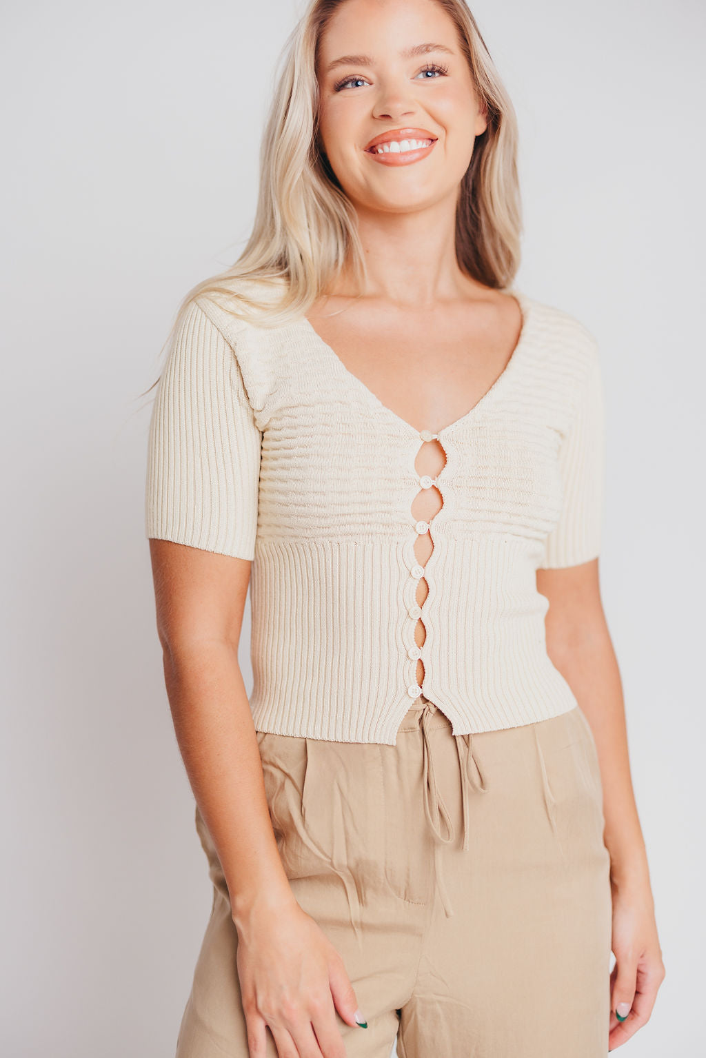 Wyatt V-Neck Knit Top with Cutout Detail in Cream
