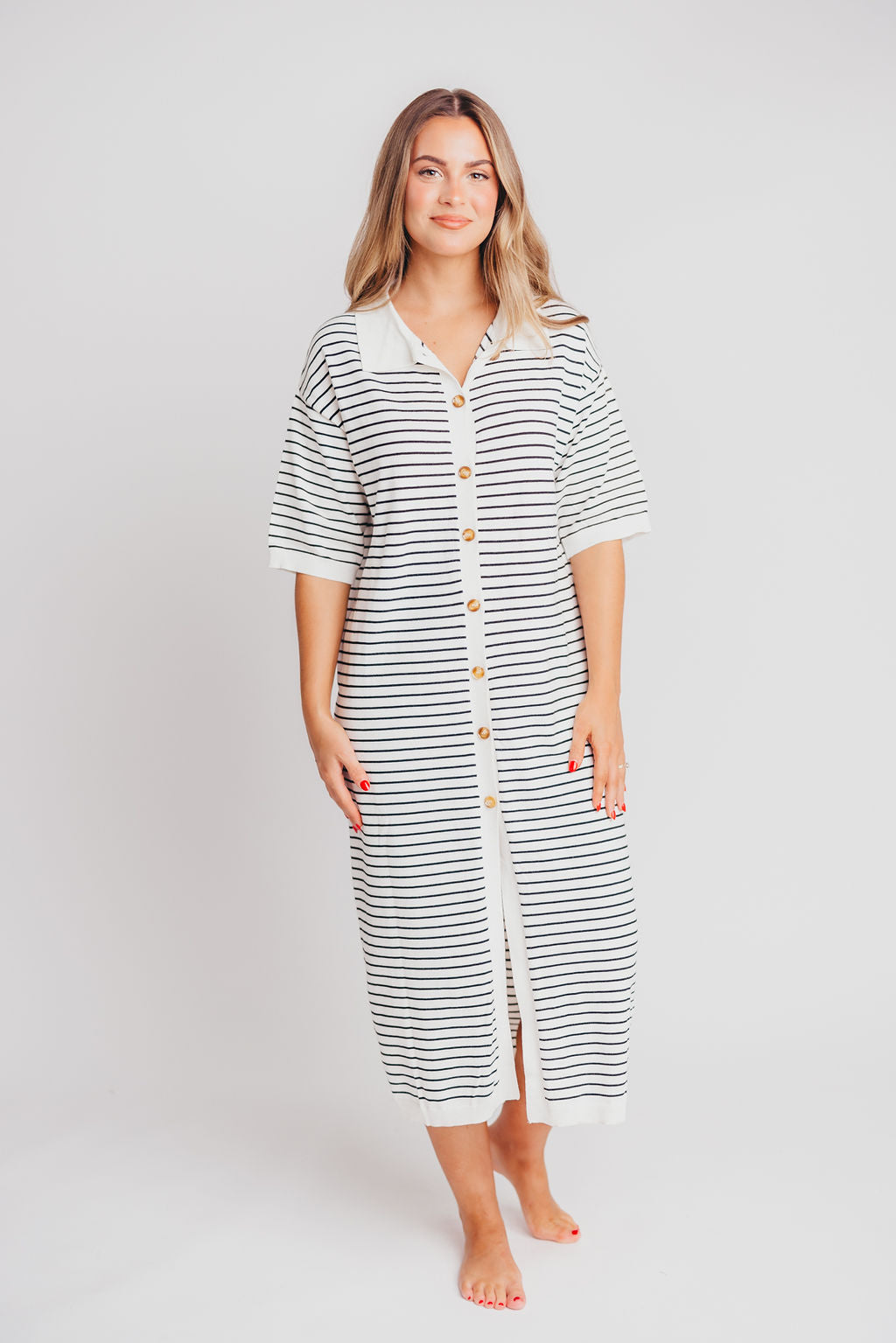 Dory Sweater Knit Button-Up Maxi in Ivory Stripe - Bump & Nursing Friendly