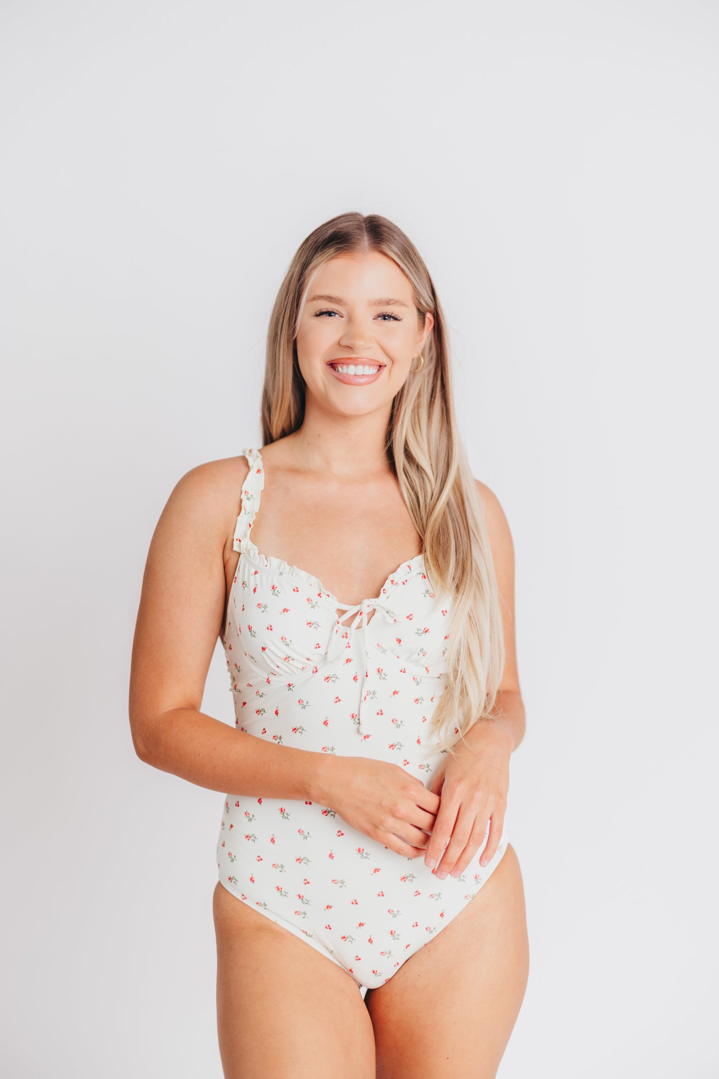 Carly Underwire One Piece Swimsuit in White with Red Floral
