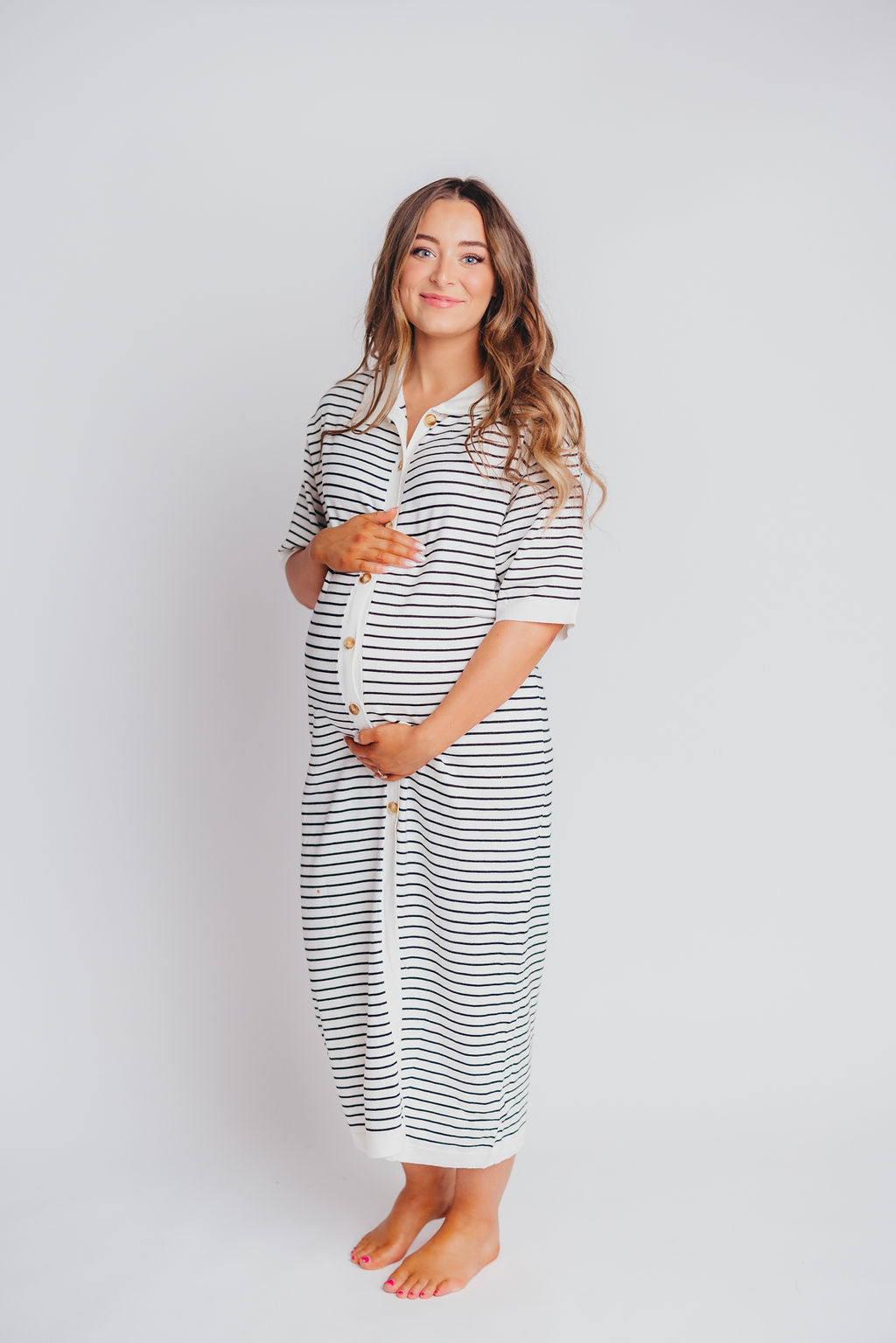 Dory Sweater Knit Button-Up Maxi in Ivory Stripe - Bump & Nursing Friendly