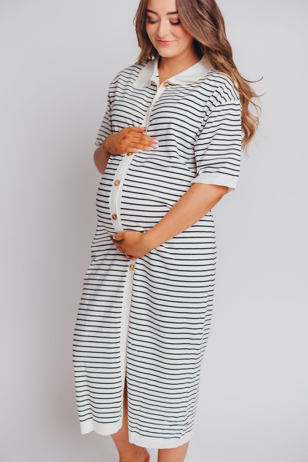 Dory Sweater Knit Button-Up Maxi in Ivory Stripe - Bump & Nursing Friendly
