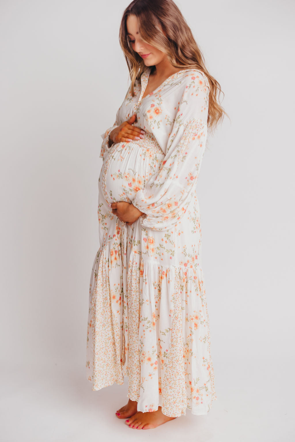 Madeline Button-Up Maxi Dress in Natural/Peach - Bump and Nursing Friendly