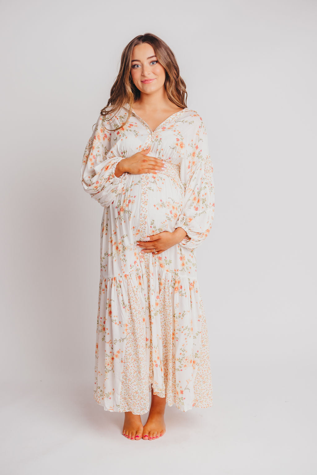 Madeline Button-Up Maxi Dress in Natural/Peach - Bump and Nursing Friendly