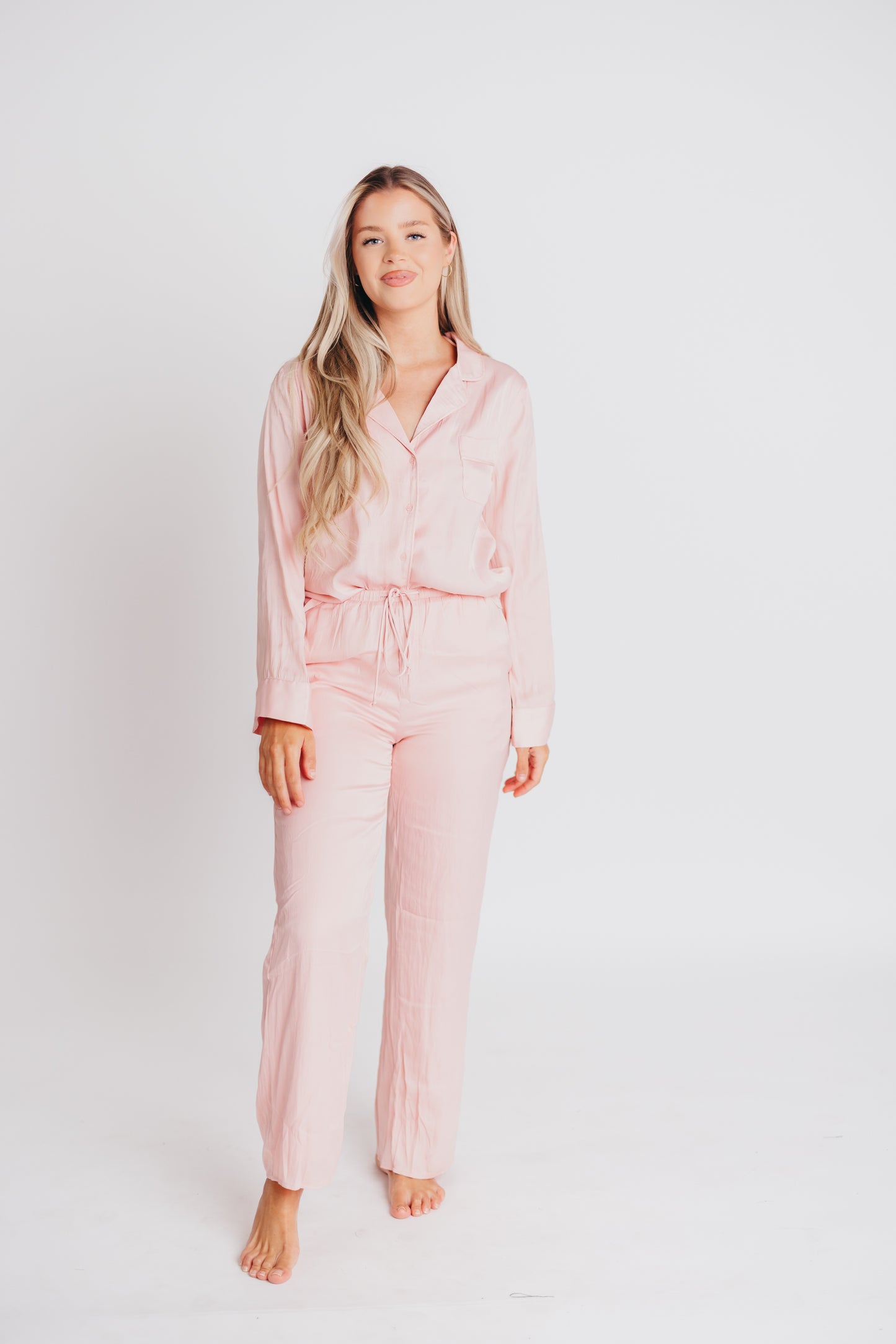 June Satin Button-Up and Drawstring Pant Set in Pink