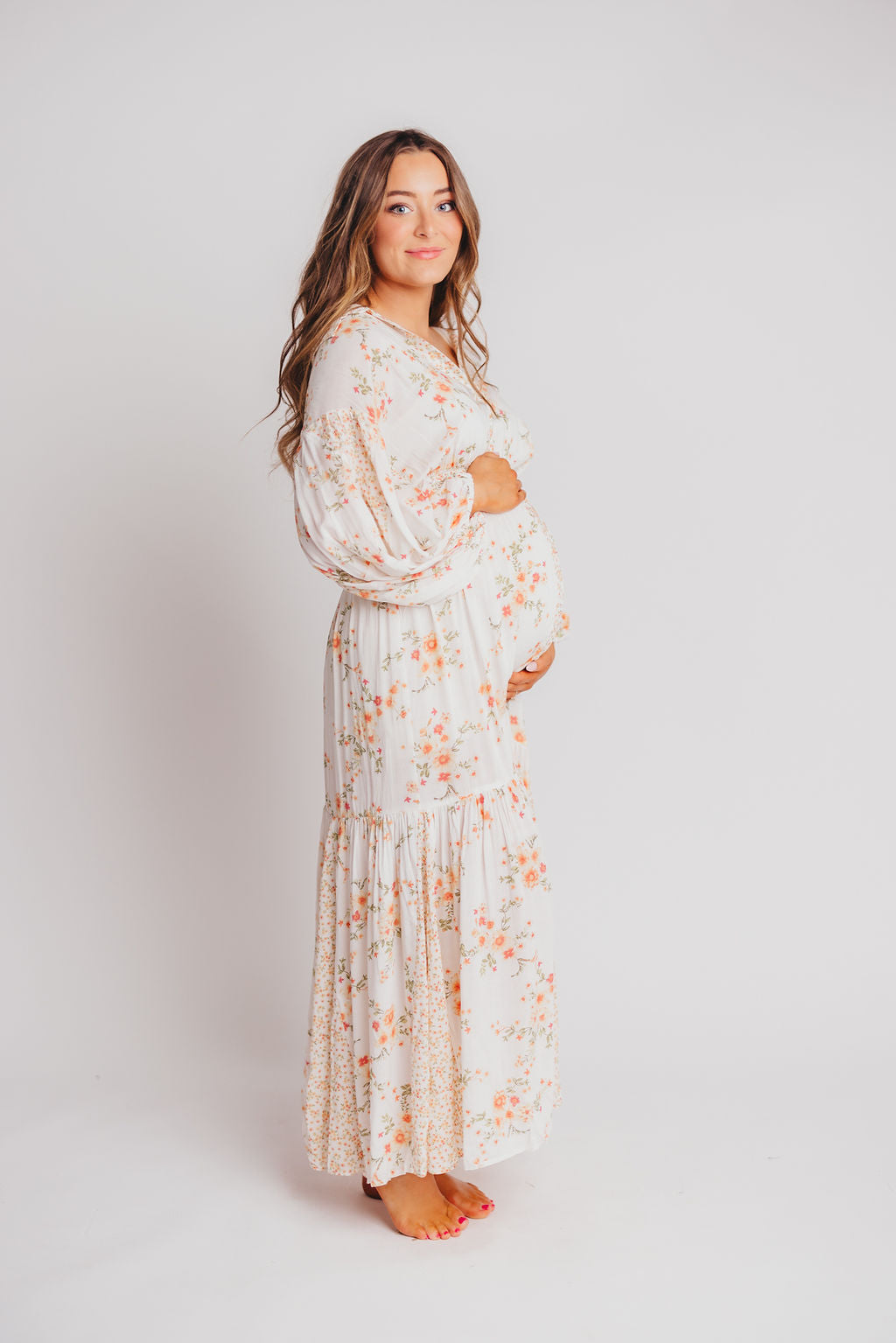 Madeline Button-Up Maxi Dress in Natural/Peach - Bump and Nursing Friendly