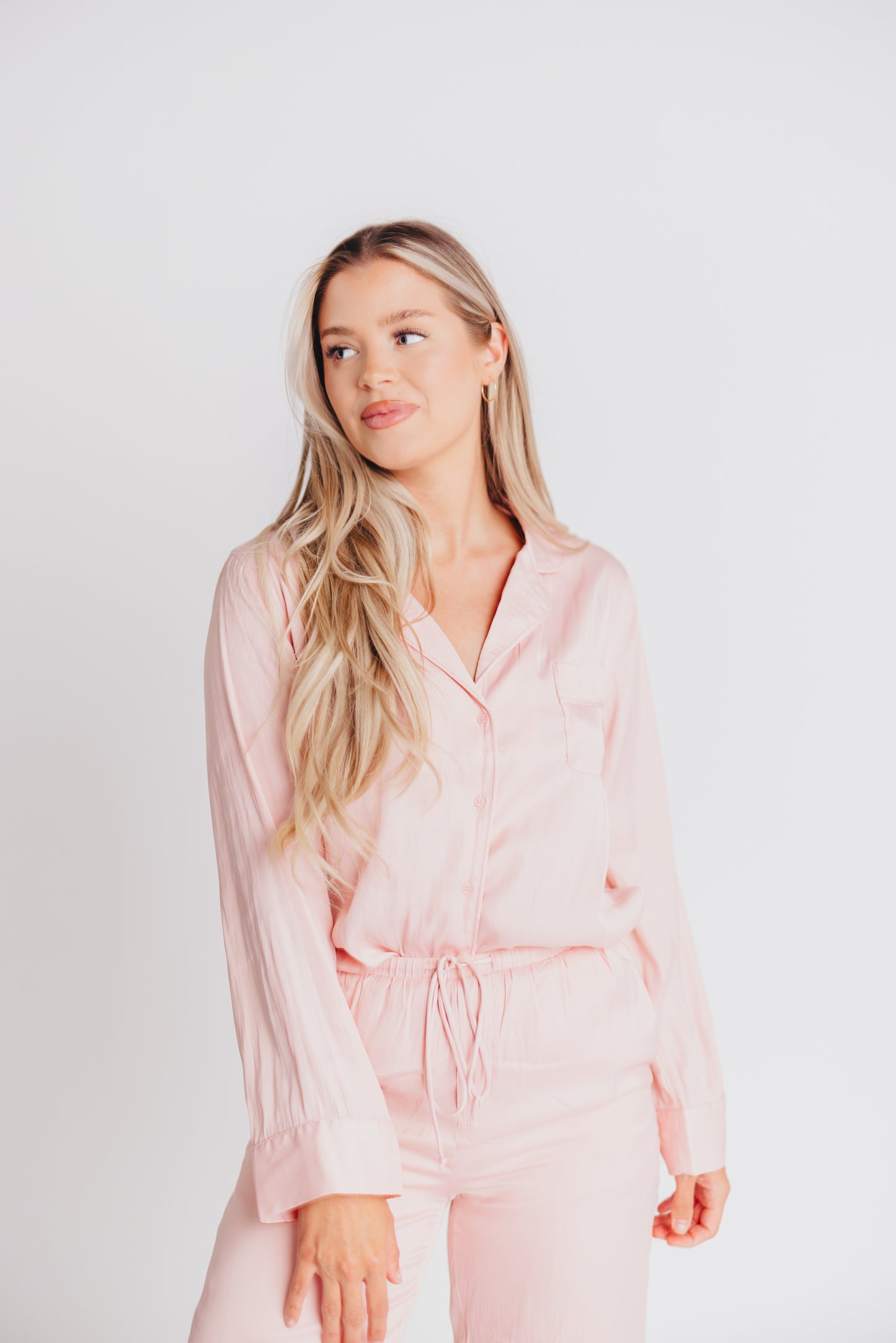 June Satin Button-Up and Drawstring Pant Set in Pink