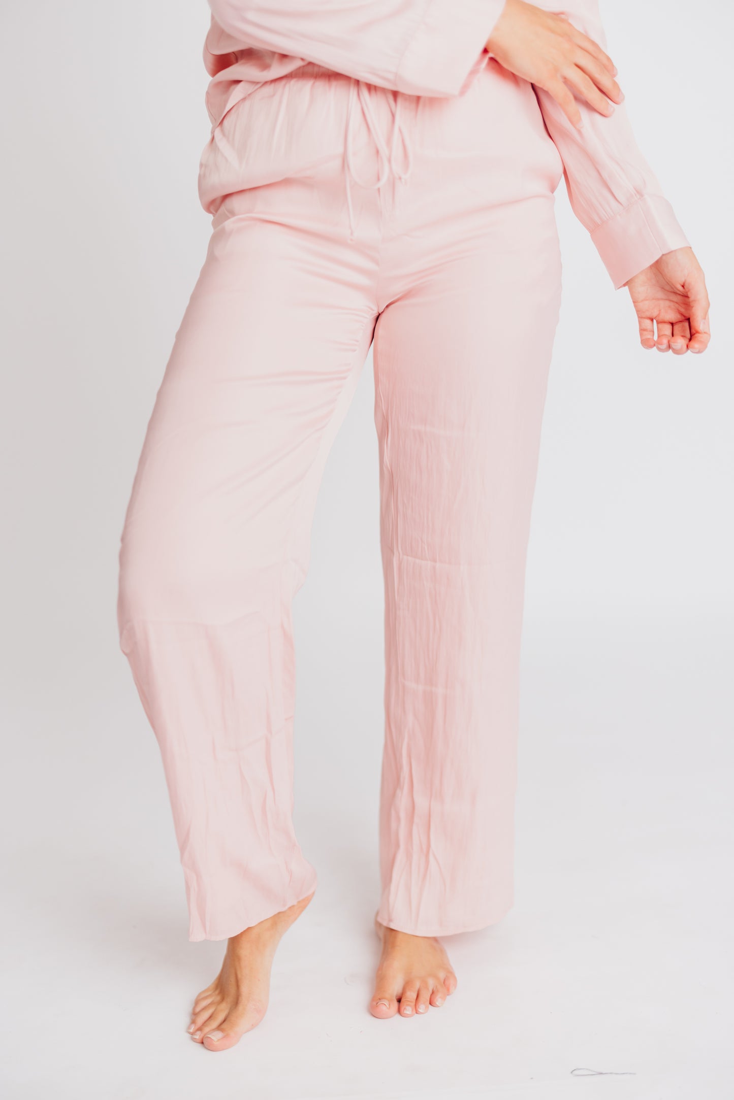 June Satin Button-Up and Drawstring Pant Set in Pink