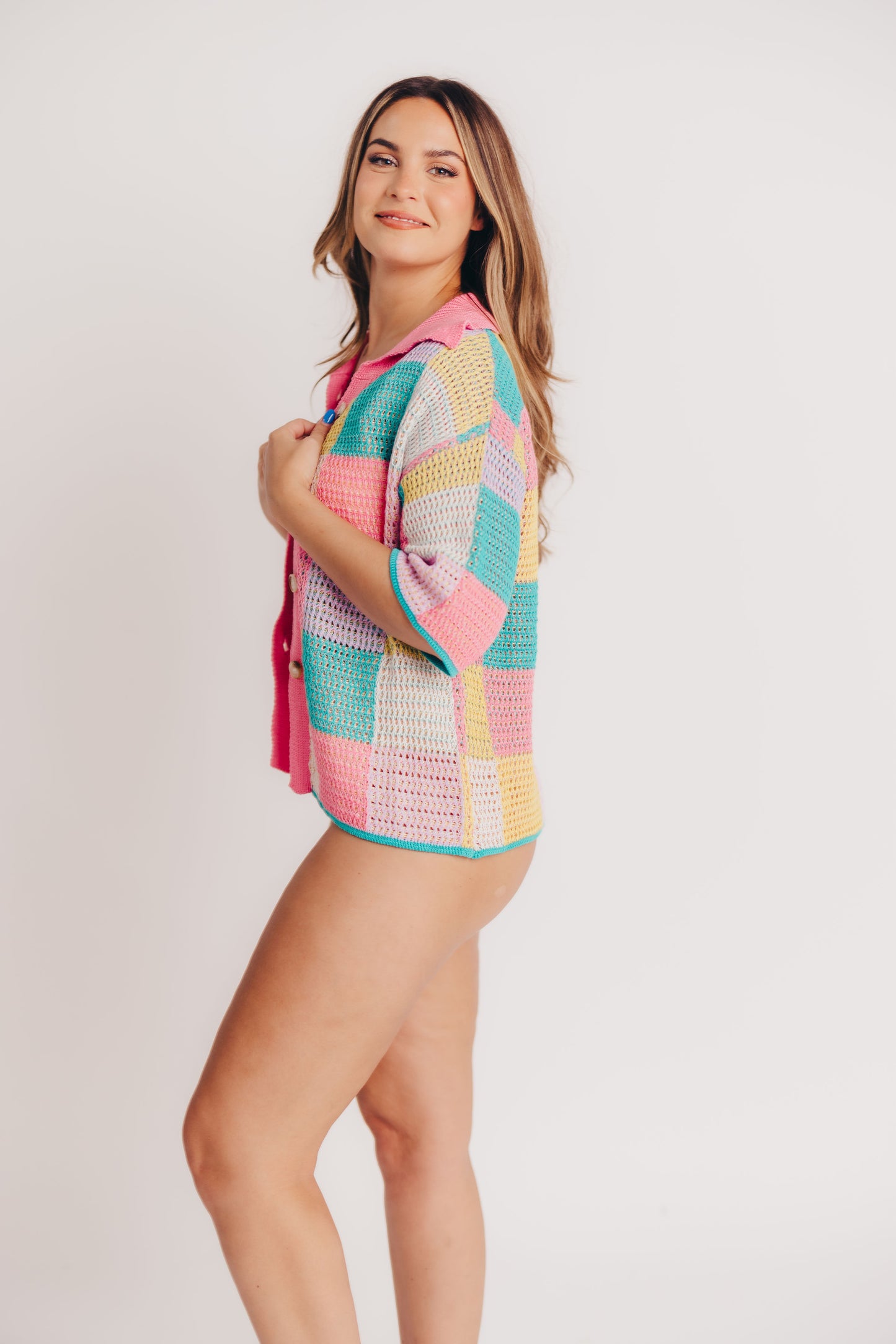 Burano Multicolor Crochet Knit Top with Buttons