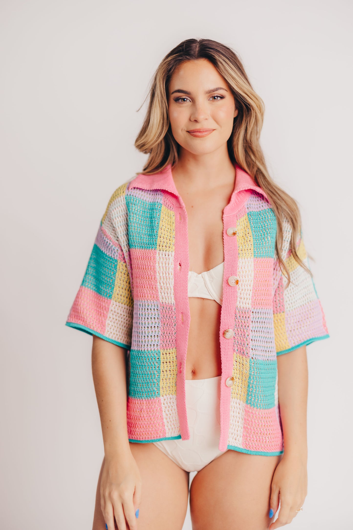 Burano Multicolor Crochet Knit Top with Buttons